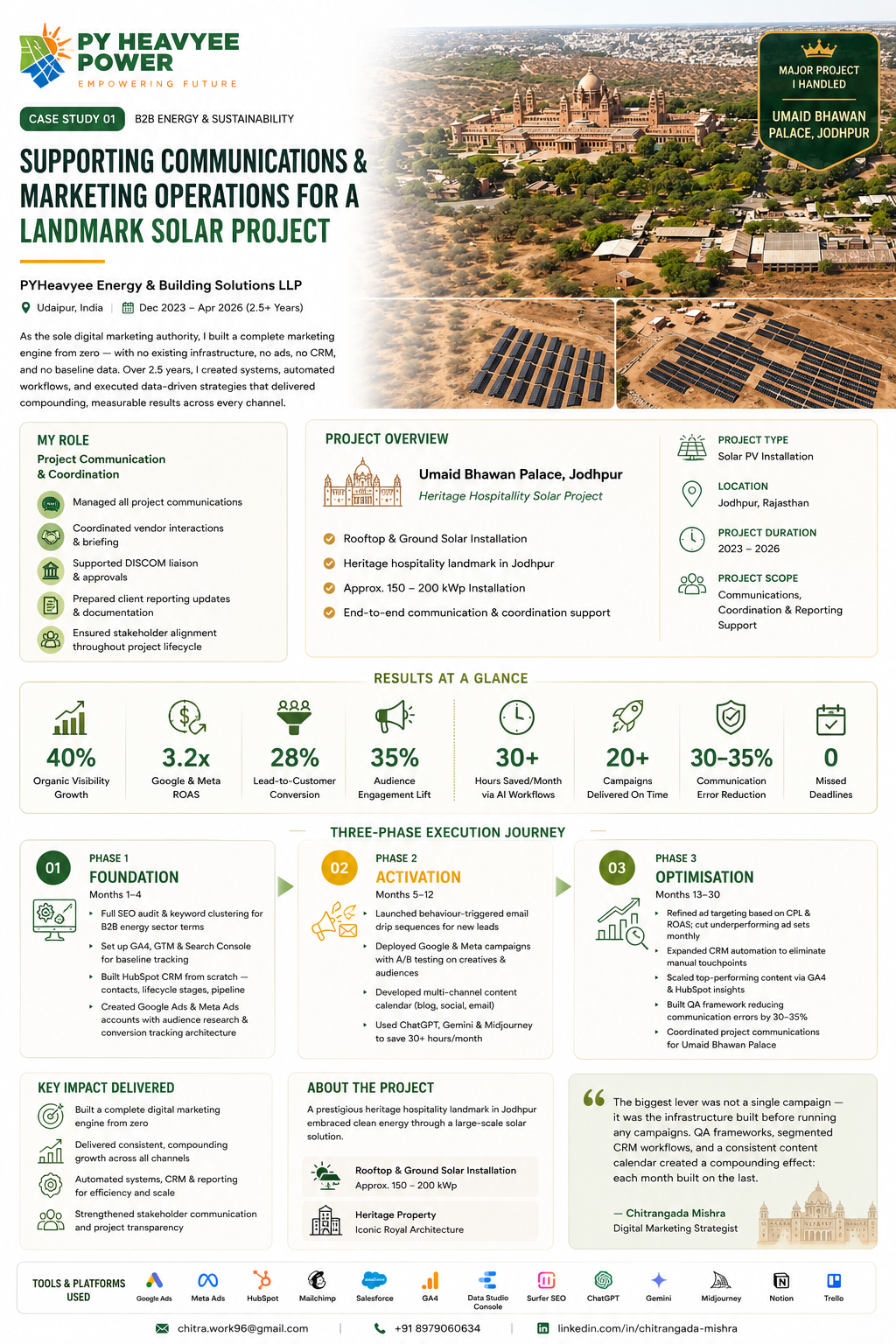 Infographic titled Supporting Communications and Marketing Operations for a Landmark Solar Project, covering my role, project overview, results and three-phase journey
